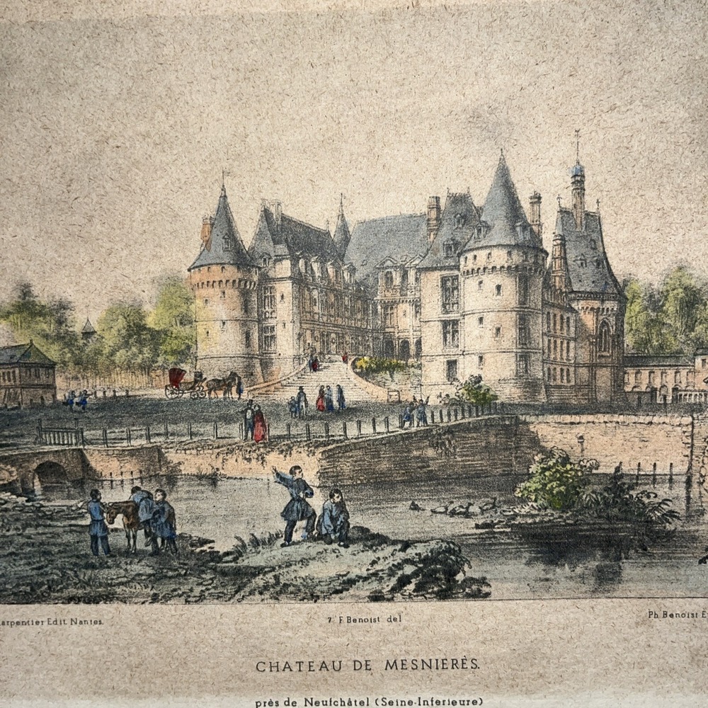 French Lithograph Print Chateau De Mesnieres Charpentier Edit Nantes Art Vintage